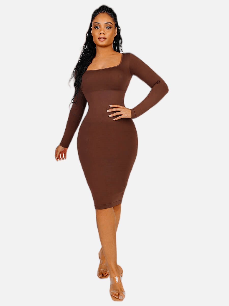 Snatching Square Neck Long Sleeve Shaping Dress